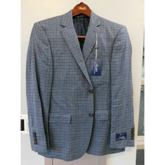 New Ralph Lauren Blazer Men 44L WoolSilk & Linen BLUE Checked Coat jacket